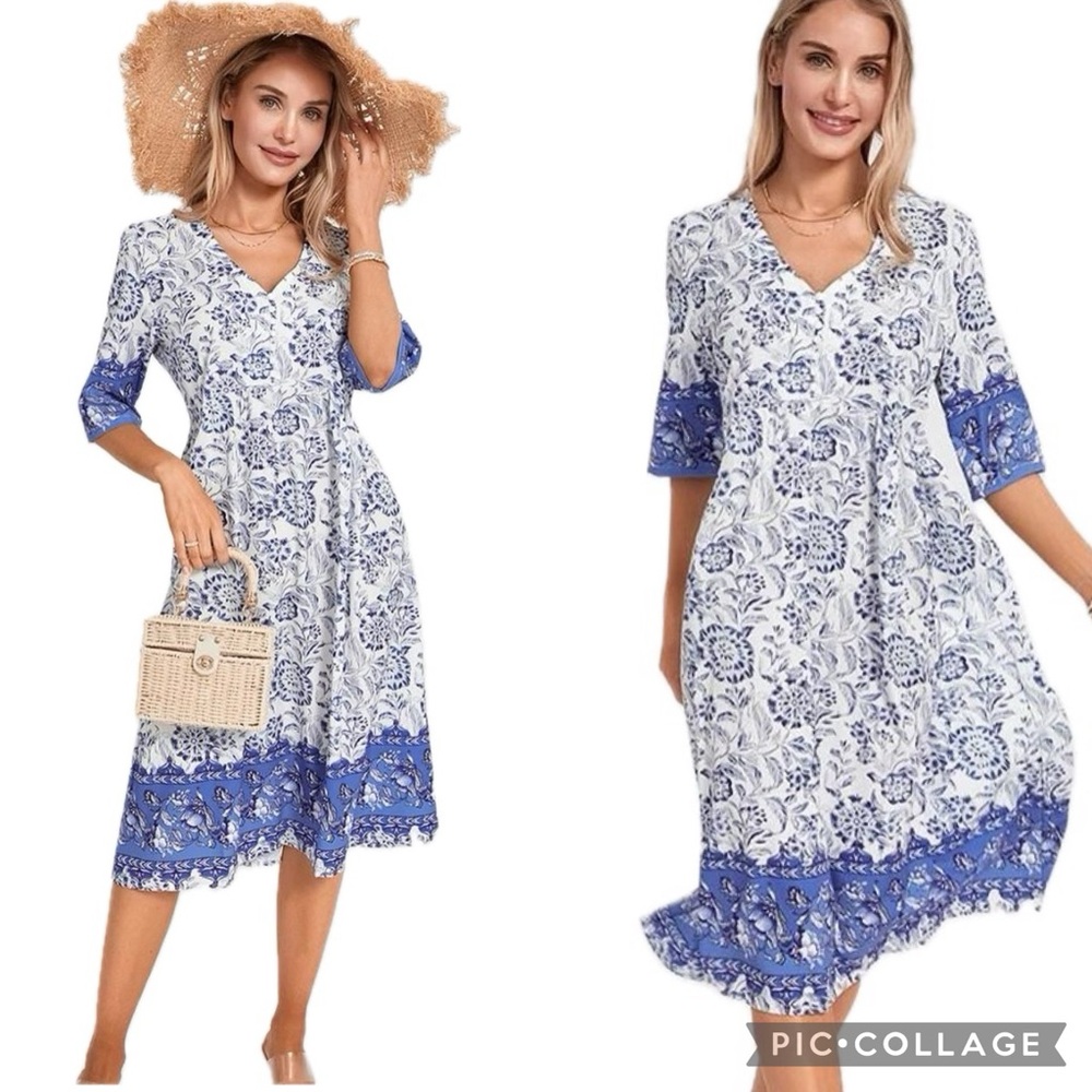 Maldila Boutique Vintage Boho Floral V-Neck Button Placket 3/4 Sleeve Midi Dress